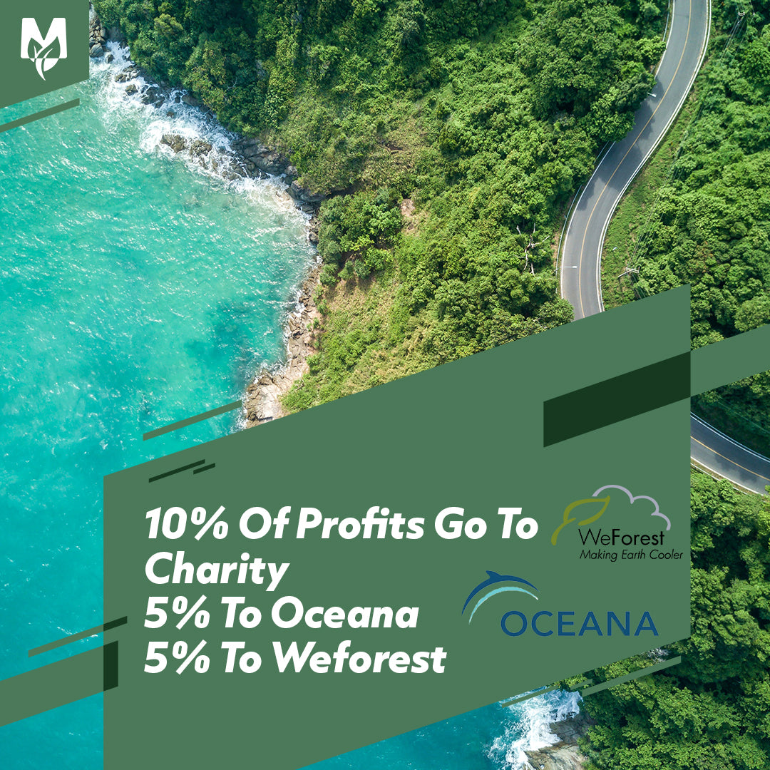10% of profits go to charity, 5% to oceana 5% to weforest